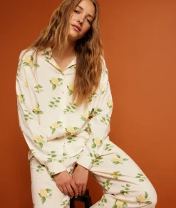 Clearance Chemise de pyjama en lin imprimé citrons Hauts De Pyjama