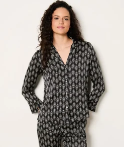 Clearance Chemise de pyjama satinée imprimée Hauts De Pyjama