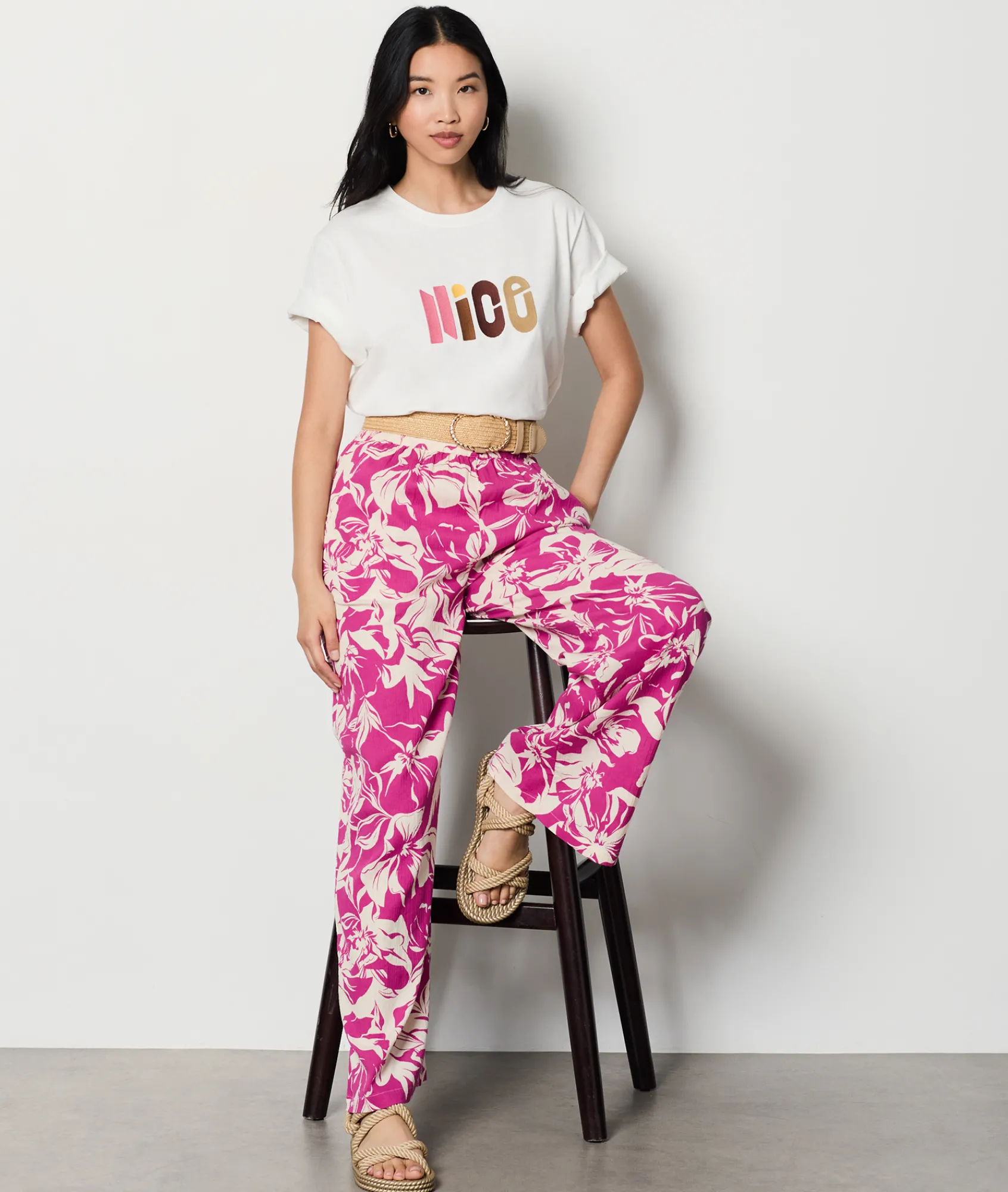 Store Pantalon coupe large à motif Pantalons Fluides|Pantalons Larges