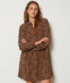 Fashion Robe courte manches longues imprimé léopard Robes Imprimées