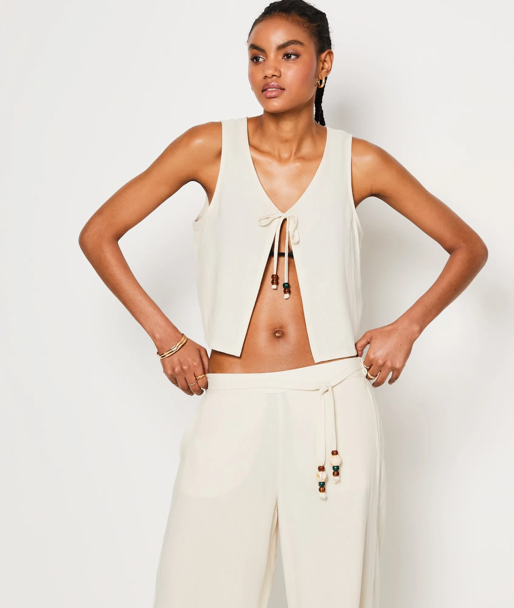 Fashion Top à nouer détails perles Tuniques Et Robes De Plage