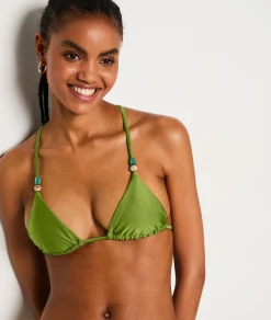 Fashion Triangle détails perles haut de maillot satiné Triangles