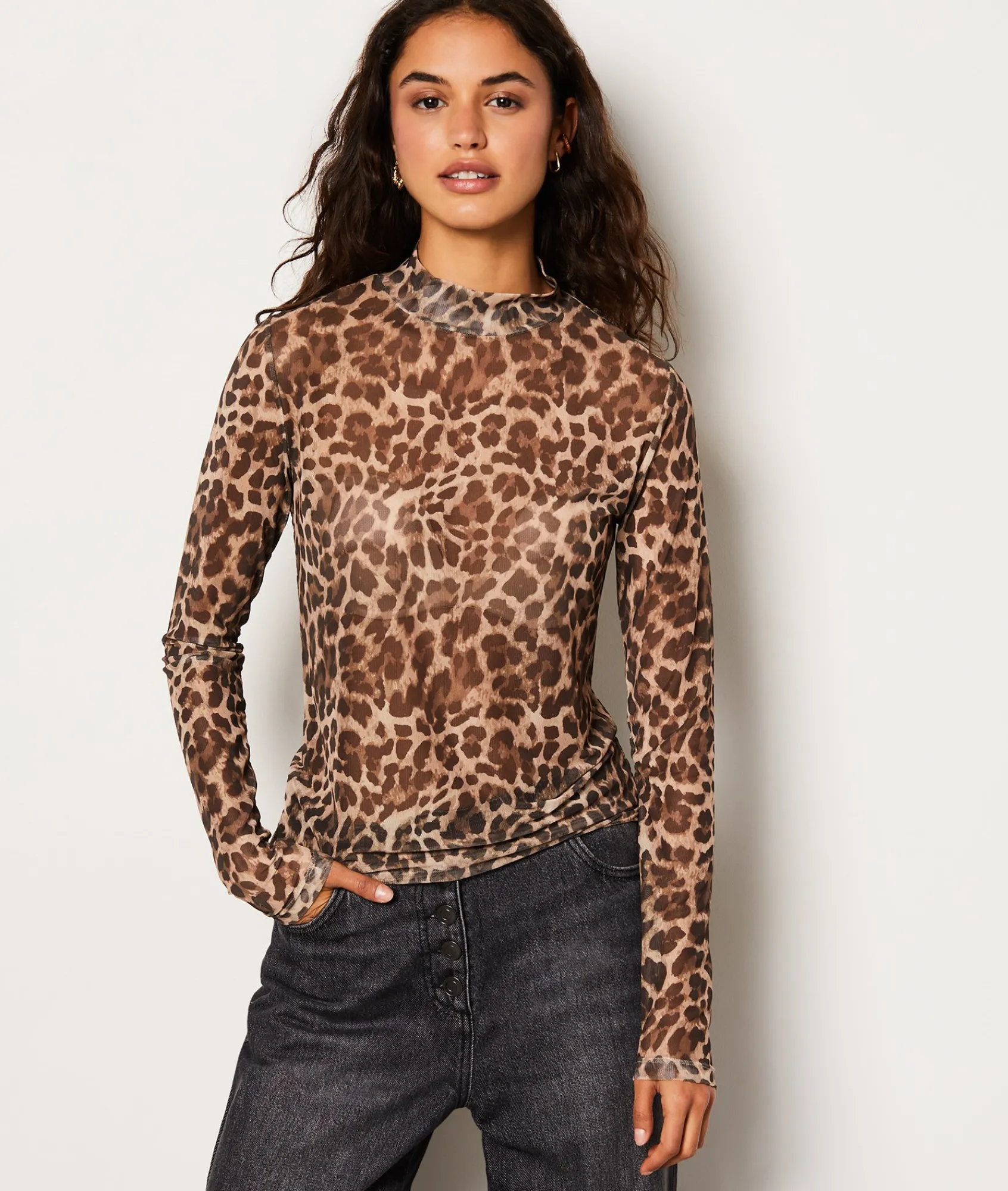 New T-shirt col montant imprimé léopard T-shirts Et Tops