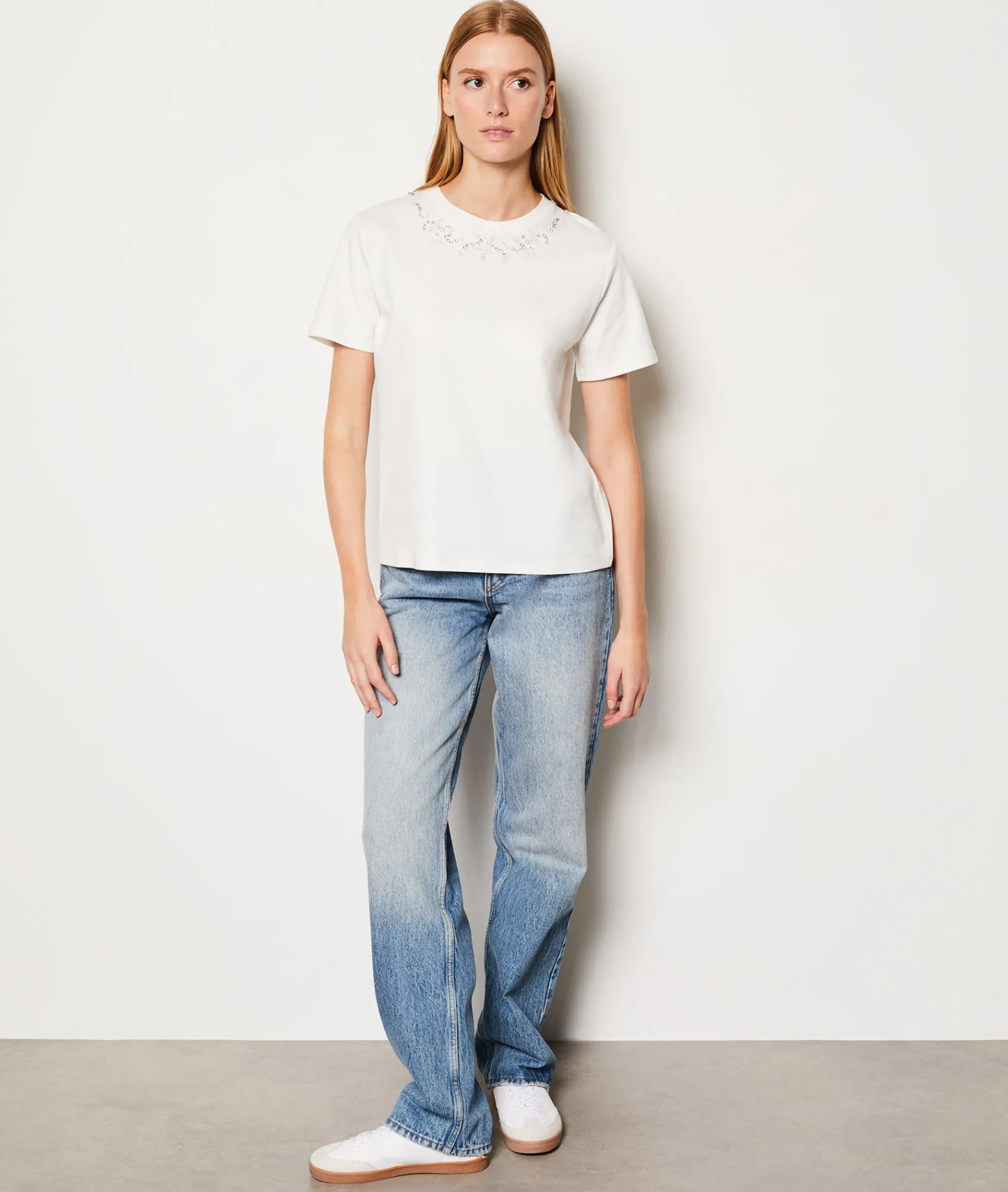 Discount T-shirt manches courtes en coton col pailleté T-shirts Et Tops